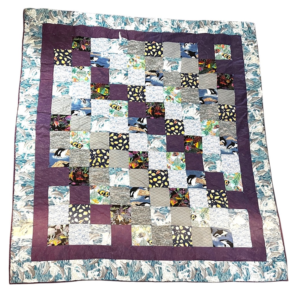 VTG Handmade Dolphin Quilt 90s Y2K Ocean Orca‎ Patchwork Nostalgic Twin Throw